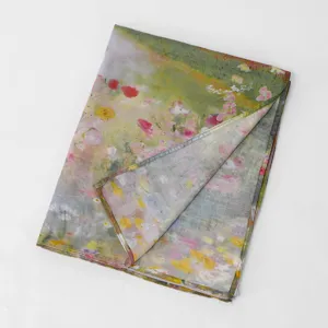 Detailed view of women's digital printed cotton linen scarf lightweight art style shawl.