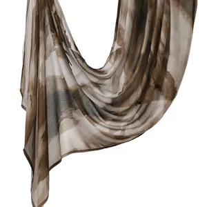 Lightweight cotton linen long scarf shawl with abstract digital print, elegant drape for women.