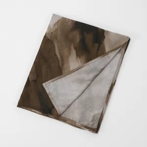 Detailed view of abstract printed linen blend scarf, soft texture with neat wide hem.