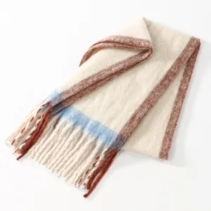 Cozy winter tassel scarf with chic color block design, thick warm shawl for women daily wear.