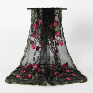 Black sheer embroidered scarf with pink floral and green vine details for women detail view