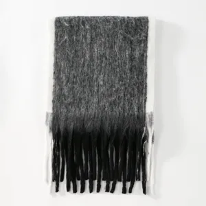 Detailed view of the plush colorblock winter scarf featuring soft fringe and textured details.