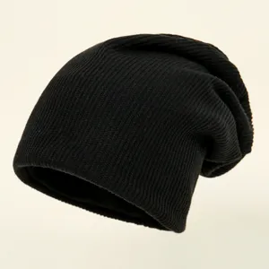 Women black slouchy knit beanie hat warm winter casual solid color comfortable skull cap