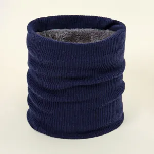 Dark blue winter knit neck warmer detail, cozy plush lined tube scarf for cold weather warm.