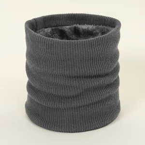 Winter thick fleece-lined knitted neck warmer detail, dark grey thermal snood for women cold weather