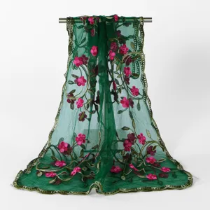 Green mesh embroidered scarf featuring vibrant pink floral patterns for stylish women.