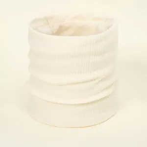 Detailed view of winter warm knitted neck warmer, soft fleece lining, cozy cream beige snood.