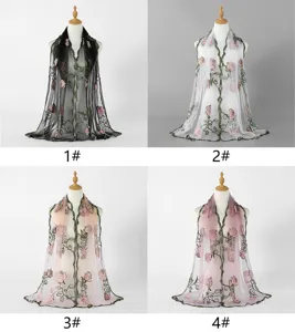 Spring summer embroidered mesh floral scarf women long versatile fashion travel shawl wrap