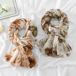 Elegant floral printed long scarf for women, lightweight vintage butterfly wrap shawl.