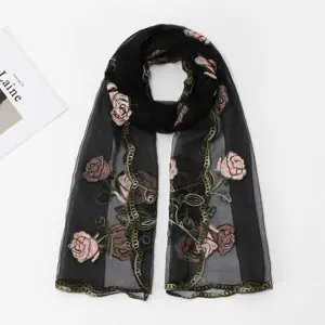 Black sheer scarf with pink embroidered roses, long floral mesh shawl for women spring summer.