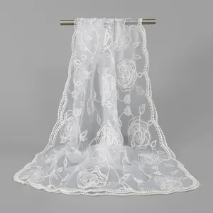 White floral embroidered lace sheer scarf, elegant pastoral style nylon shawl for women.
