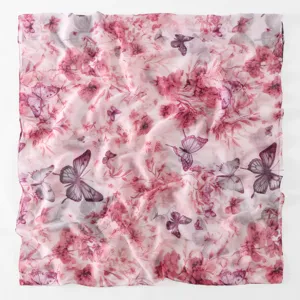 Detailed view of women pink floral butterfly printed lightweight soft voile scarf summer shawl.