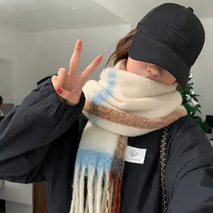 Winter Warm Tassel Scarf Women Korean Style Color Block Patchwork Shawl