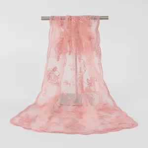 Detailed view of the pink rose embroidered lace nylon long scarf shawl, lightweight and breathable.
