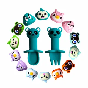 Ensemble Cuillère et Fourchette en Silicone pour Bébé Mignon Animal de Dessin Animé Vaisselle d'Entraînement Ustensiles d'Alimentation Sûrs pour Tout-Petits