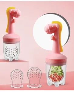 Silicone baby fruit feeder pacifier with cute horse handle for safe fresh food feeding training.