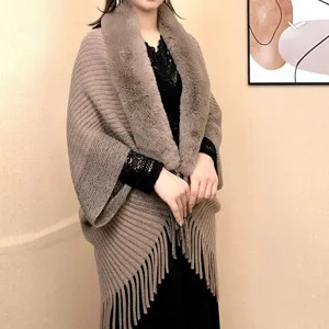 Autumn winter women knitted shawl luxury fur collar cape stylish warm elegant outerwear cardigan