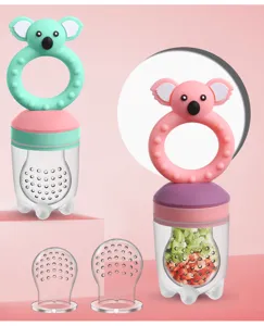 Silicone baby fruit food feeder and teething pacifier with cute koala handle for infants and toddlers.