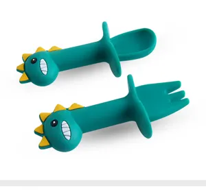 Schattige dinosaurus baby siliconen lepel en vork set, zacht servies voor peuters.