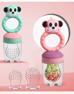 Silicone baby fruit feeder pacifier with cute cartoon handle and mesh bag for safe feeding.