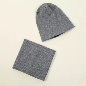 Grey knitted beanie and scarf set for winter warm windproof casual daily wear apparel item