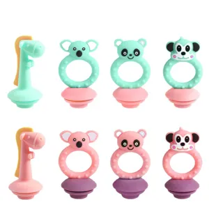 Cute silicone baby teether and fruit pacifier set with multiple animal designs in bright colors.