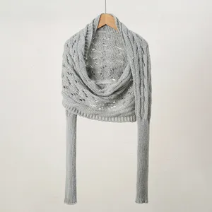 Grey hollow knit sleeve scarf bolero shawl, elegant cross design for women autumn winter warm.