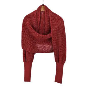 Red knitted hollow batwing shawl detail view, casual open front sweater cardigan top.
