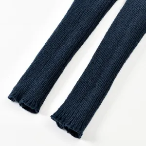 Detailed view of dark blue ribbed knitted arm sleeves, showcasing fine knit texture.