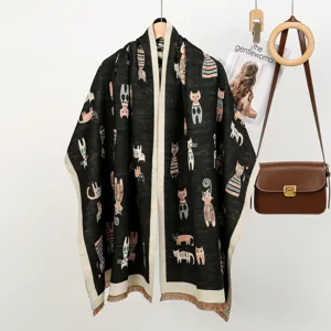 Gemütlicher schwarzer Katzenprint Strick Schal Winter warmer süßer Schal für Damen Alltagsmode