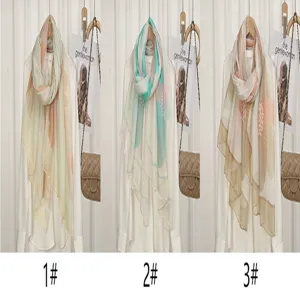 Women long floral print voile scarf variant display, elegant Monet style lightweight shawl.