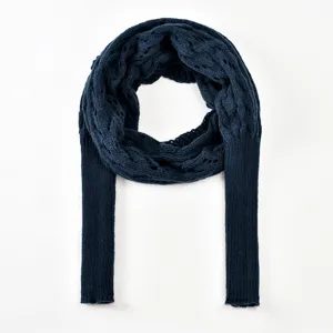 Dark blue hollow knit scarf detail, unique double-sleeve shawl design, soft autumn winter texture.
