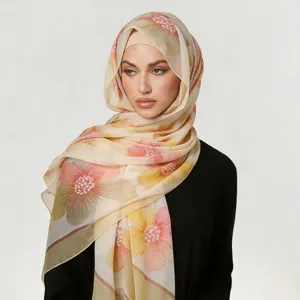 Women's Vintage Floral Print Voile Long Scarf Retro Artistic Style Lightweight Beach Shawl Head Scarf For Travel Daily