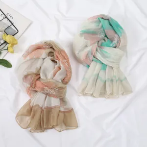 Women's floral printed voile long scarf shawl, vintage art style beach headscarf main view.