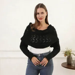 women black knitted hollow out shrug long sleeve bolero sweater wrap scarf top fashion