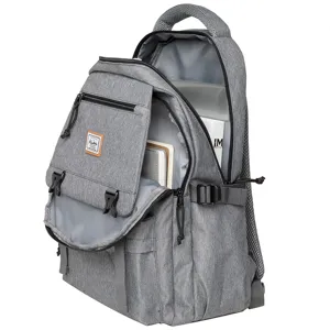 Casual grey backpack for men, multi-pocket computer travel bag for school and outdoor use.