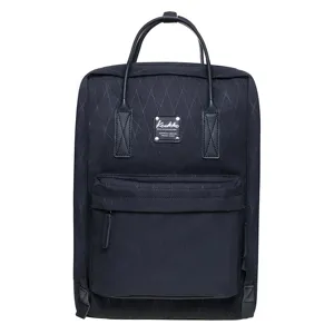 Classic black canvas backpack with top handles, front zip pocket, and stylish daily design.