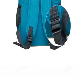Blue casual backpack strap detail with adjustable plastic buckle for daily wear and school.
