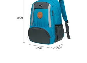 Detail view of casual blue waterproof nylon backpack with front pocket and size specs.
