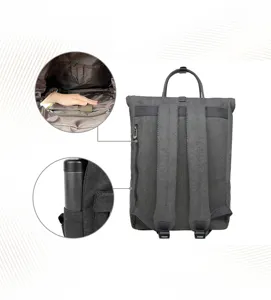 Canvas backpack detail showing inner pocket storage space and side water bottle holder.