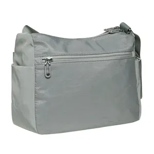 Grey nylon crossbody shoulder bag for women, stylish casual daily commuter handbag with zipper.