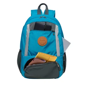Casual blue and grey backpack for women, daily commute school bookbag with multi pockets.
