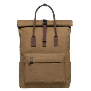 Brown canvas rolltop backpack with large capacity for travel, school and outdoor daily use.