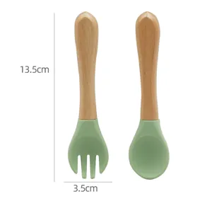 Silicone baby spoon and fork set with wooden handle, infant feeding training tableware details.