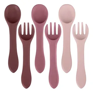 Set Forchetta e Cucchiaio in Silicone per Bambini Stoviglie di Addestramento Autoalimentazione Posate Tinta Unita Utensili