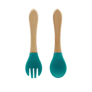 Baby Training Spoon And Fork Food Grade Silicone Wooden Handle Infant Feeding Tableware Kids Eating Utensils