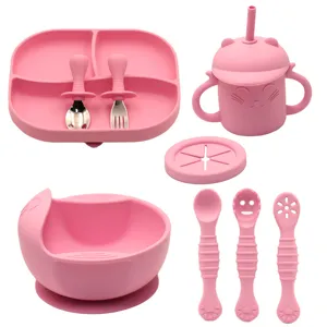 New silicone baby feeding set with divided suction plate, bowl, cup and spoons for toddlers.