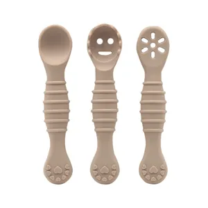 Baby silicone training spoon set for infant feeding and teething, soft weaning spoons with anti-slip.