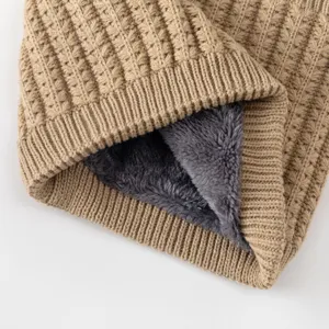 Detailed view of winter thermal knitted neck warmer with cozy plush fleece lining, casual khaki.