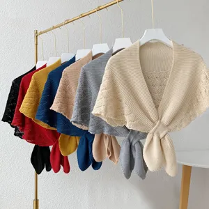 Knitted cape shawl for women, solid color winter warm wrap, cozy knitted shoulder cover.